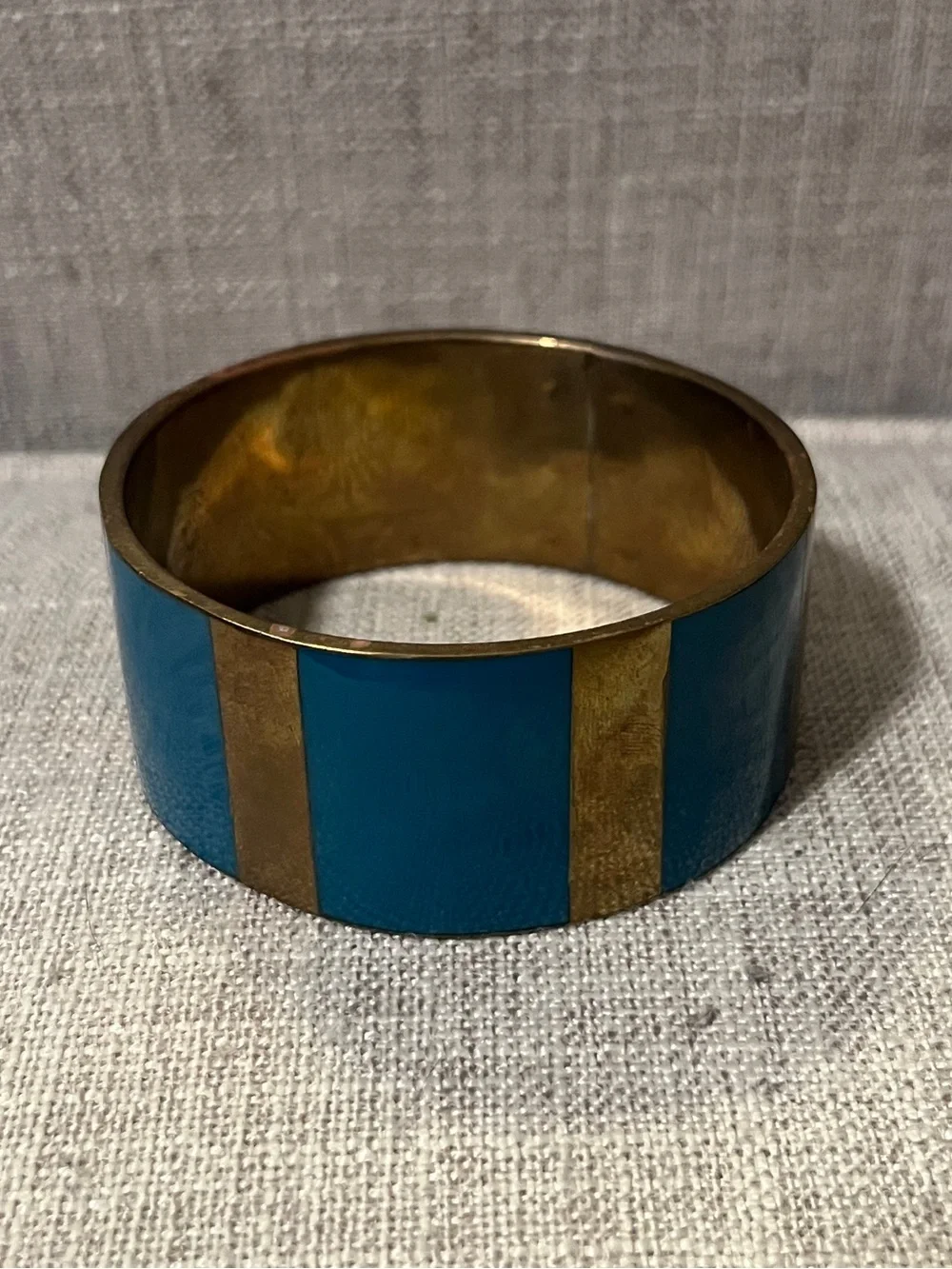 Vintage Bohemian Chunky Brass and Blue Enamel Bangle Bracelet, Circa 1970s